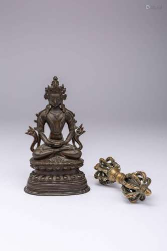 A CHINESE BRONZE FIGURE OF A BODHISATTVA AND A GILT-BRONZE V...