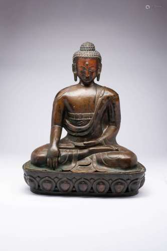 A LARGE TIBETAN COPPER REPOUSSE FIGURE OF BUDDHA LATE QING D...