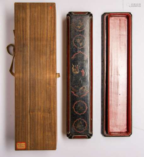 A CHINESE BLACK AND RED RECTANGULAR SCROLL BOX PROBABLY LATE...