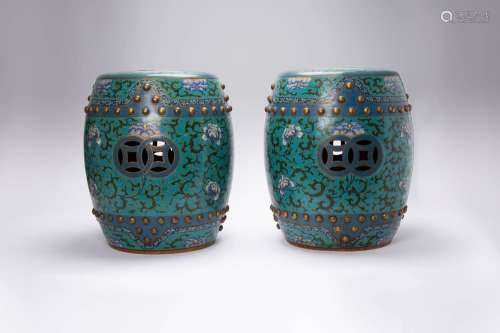 A PAIR OF CHINESE CLOISONNE DRUM-SHAPED GARDEN SEATS QING DY...