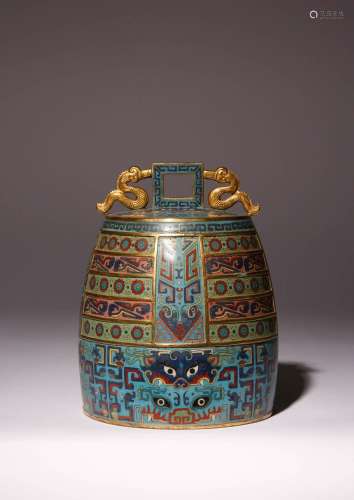 A CHINESE ARCHAISTIC CLOISONNE ENAMEL BELL, BIANZHONG PROBAB...