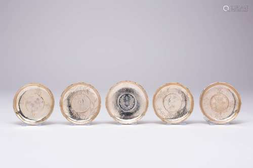 FIVE SILVER COIN-SET SMALL DISHES 19TH AND 20TH CENTURY Each...