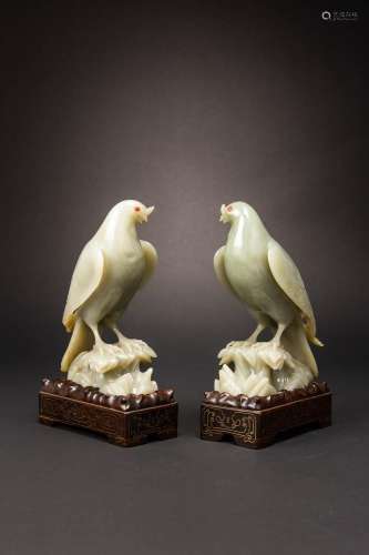 A PAIR OF LARGE CHINESE CELADON JADE DOVES 19TH CENTURY Each...