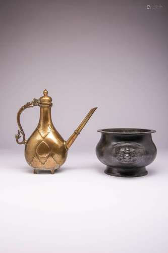 A NORTHERN INDIAN MUGHAL BRONZE EWER, AFTABA AND AN INCENSE ...