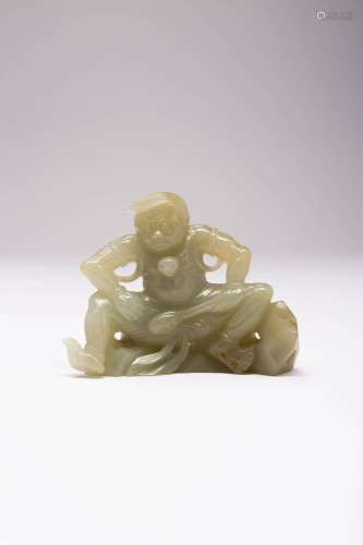 A CHINESE CELADON JADE CARVING OF A DEMON QING DYNASTY OR LA...