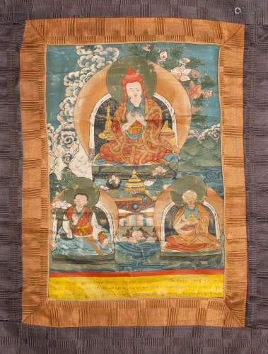 A TIBETAN THANGKA 19TH CENTURY The Lama depicted wearing lon...