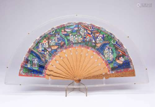 A CHINESE PAPER FAN 19TH CENTURY The paper leaf painted with...