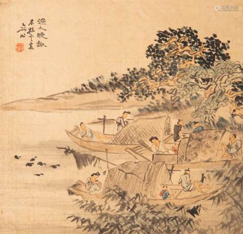 JIANG LIUYU (20TH CENTURY) LANDSCAPE WITH FIGURES AND FISHER...