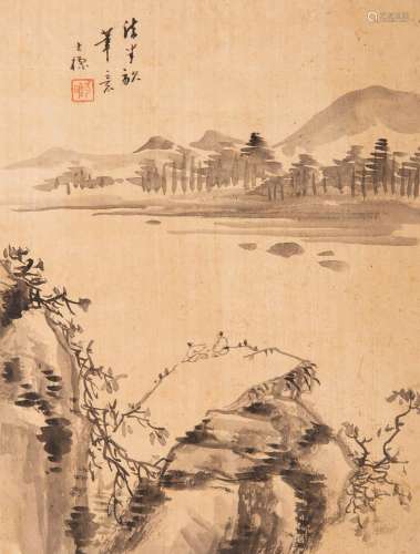 ATTRIBUTED TO CHA SHIBIAO LANDSCAPE WITH FISHERMAN AND SCHOL...