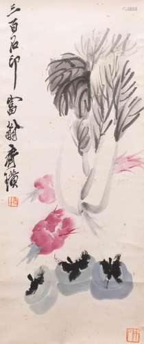 AFTER QI BAISHI VEGETABLE AND PERSIMMON A Chinese scroll pai...