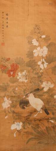 YUN BING (QING DYNASTY) BANTAM AND FLOWERS A Chinese scroll ...
