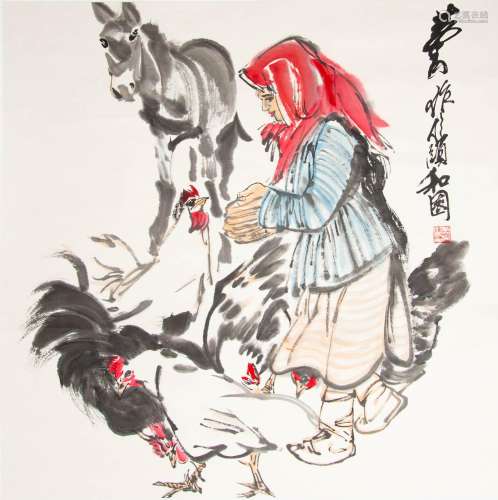 AFTER HUANG ZHOU GIRL AND FARM ANIMALS A Chinese scroll pain...