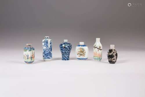 SIX CHINESE SNUFF BOTTLES LATE QING DYNASTY Variously shaped...