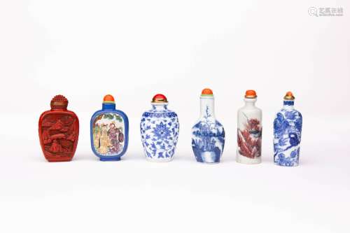 SIX CHINESE SNUFF BOTTLES QING DYNASTY AND LATER Comprising:...