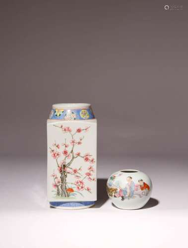 A CHINESE FAMILLE ROSE CONG-SHAPED VASE AND A SMALL WATERPOT...