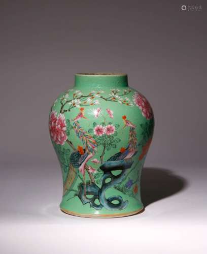 A CHINESE FAMILLE ROSE SGRAFFIATO LIME-GREEN GROUND VASE LAT...