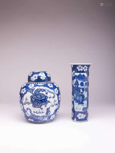 TWO CHINESE BLUE AND WHITE VASES ONE WITH A COVER LATE QING ...