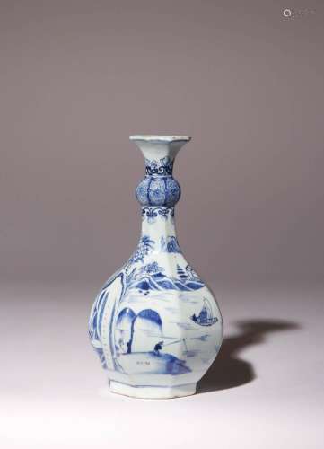 A CHINESE BLUE AND WHITE OCTAGONAL BOTTLE VASE KANGXI 1662-1...