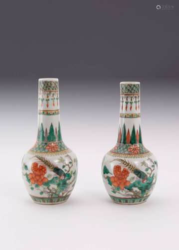 A NEAR PAIR OF CHINESE FAMILLE VERTE BOTTLE VASES LATE QING ...
