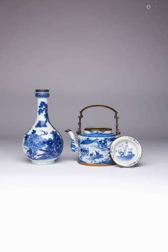 A CHINESE BLUE AND WHITE BOTTLE VASE AND A TEAPOT AND COVER ...