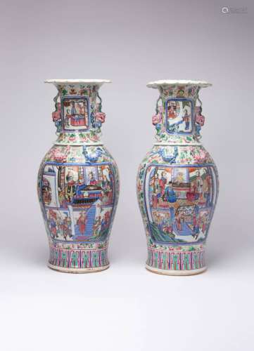 A PAIR OF LARGE CHINESE CANTON FAMILLE ROSE VASES 19TH CENTU...