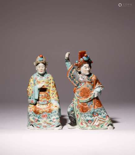 TWO CHINESE FAMILLE ROSE `ACTOR` FIGURES LATE QING DYNASTY E...