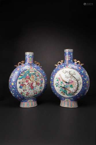 A LARGE NEAR PAIR OF CHINESE FAMILLE ROSE MOONFLASKS, BAOYUE...