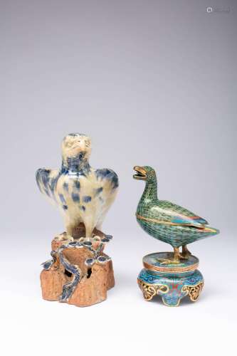 A CHINESE SHIWAN STONEWARE MODEL OF AN EAGLE AND A CLOISONNE...