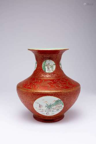 A LARGE CHINESE FAMILLE ROSE CORAL-RED GROUND VASE LATE QING...