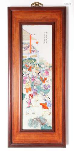 A PAIR OF CHINESE FAMILLE ROSE RECTANGULAR `BOYS` PLAQUES MO...