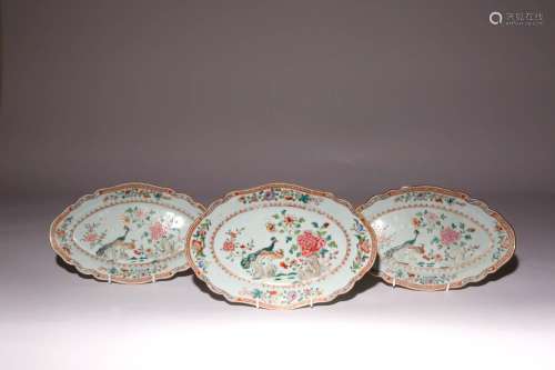 THREE CHINESE FAMILLE ROSE `DOUBLE PEACOCK` DISHES 18TH CENT...