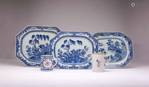 THREE CHINESE BLUE AND WHITE OCTAGONAL MEAT PLATES AND TWO M...