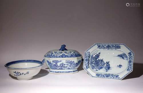 A CHINESE TUREEN AND COVER TOGETHER WITH A DISH AND A BOWL 1...