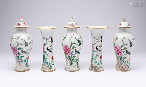 A CHINESE FAMILLE ROSE FIVE-PIECE `TWIN MAGPIES` GARNITURE 1...