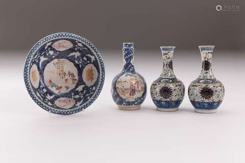 THREE CHINESE BOTTLE VASES AND A BASIN 18TH AND 19TH CENTURY...