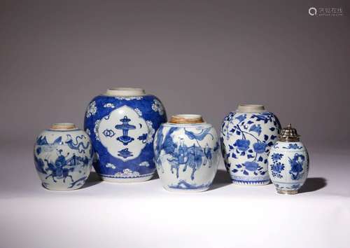 FIVE CHINESE BLUE AND WHITE OVOID VASES KANGXI 1662-1722 Var...