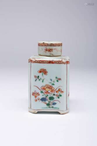 A CHINESE SQUARE-SECTION FAMILLE VERTE TEA CANISTER AND COVE...