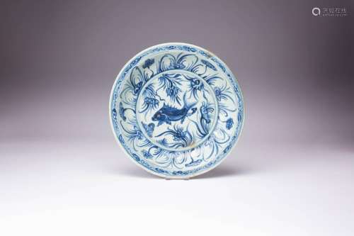 A CHINESE BLUE AND WHITE YUAN STYLE `FISH` DISH PROBABLY 20T...