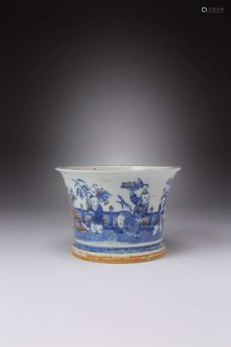 A CHINESE UNDERGLAZE BLUE AND RED `BOYS` JARDINIERE QING DYN...