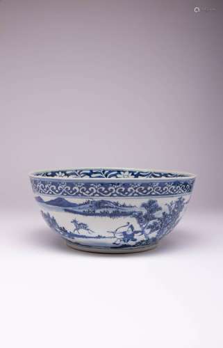 A CHINESE BLUE AND WHITE `HUNTING` BOWL LATE QING DYNASTY Th...