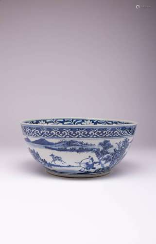 A CHINESE BLUE AND WHITE `HUNTING` BOWL LATE QING DYNASTY Th...