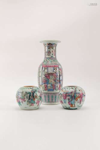 A CHINESE CANTON FAMILLE ROSE VASE AND TWO JARS 19TH CENTURY...