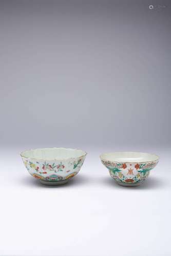 TWO CHINESE FAMILLE ROSE FOLIATE BOWLS 19TH CENTURY One ogee...