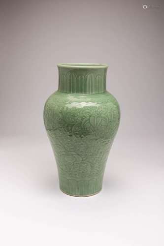 A LARGE CHINESE CELADON BALUSTER VASE 18TH CENTURY Decorated...