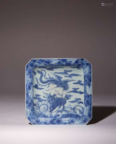 A CHINESE BLUE AND WHITE SQUARE `PHOENIX AND QILIN` DISH QIN...