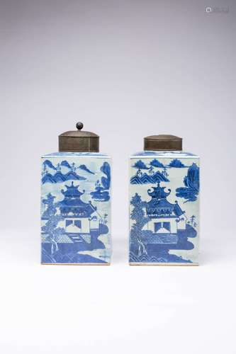 A PAIR OF CHINESE BLUE AND WHITE SQUARE-SECTION TEA CANISTER...