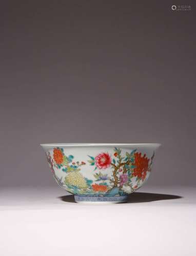 A CHINESE FAMILLE ROSE `FLOWERS AND BIRDS` BOWL SIX CHARACTE...