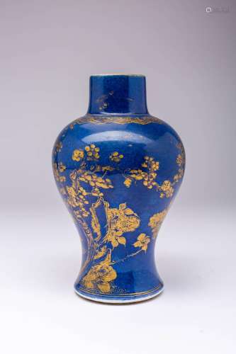 A CHINESE BLUE-GROUND AND GILT DECORATED BALUSTER VASE KANGX...