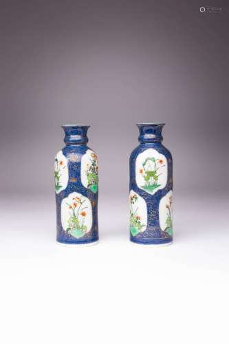 A PAIR OF CHINESE FAMILLE VERTE CYLINDRICAL VASES QING DYNAS...