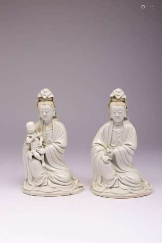 TWO CHINESE BLANC DE CHINE SEATED FIGURES OF GUANYIN QING DY...